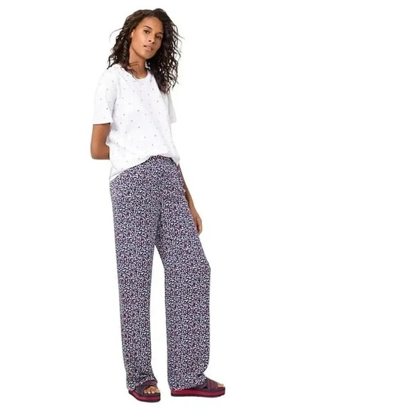 Michael Kors Heart Print Silk Wide Leg Navy Pants